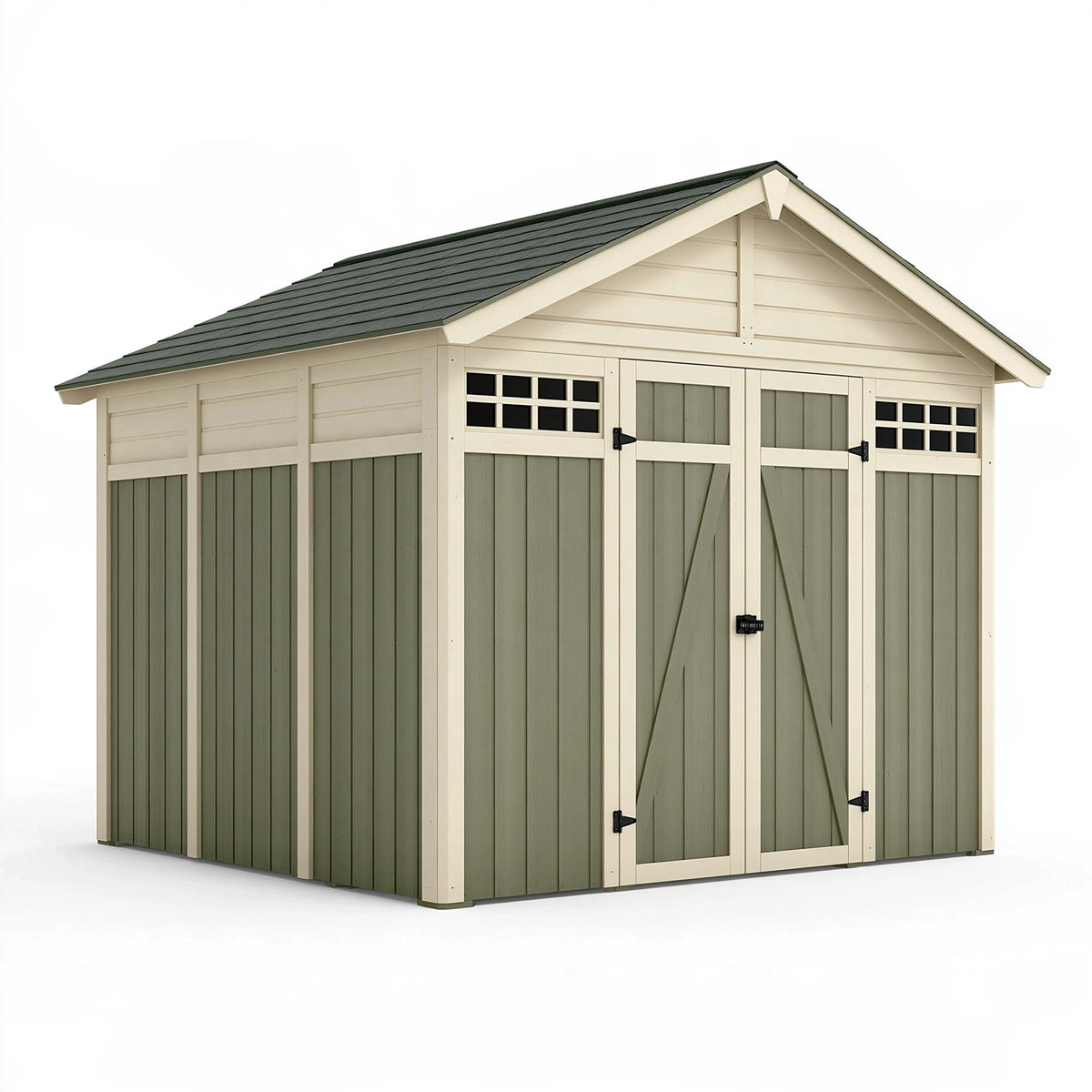 Abri de jardin 240 x 180 x 220 cm en résine vert sauge et crème à double porte style classique