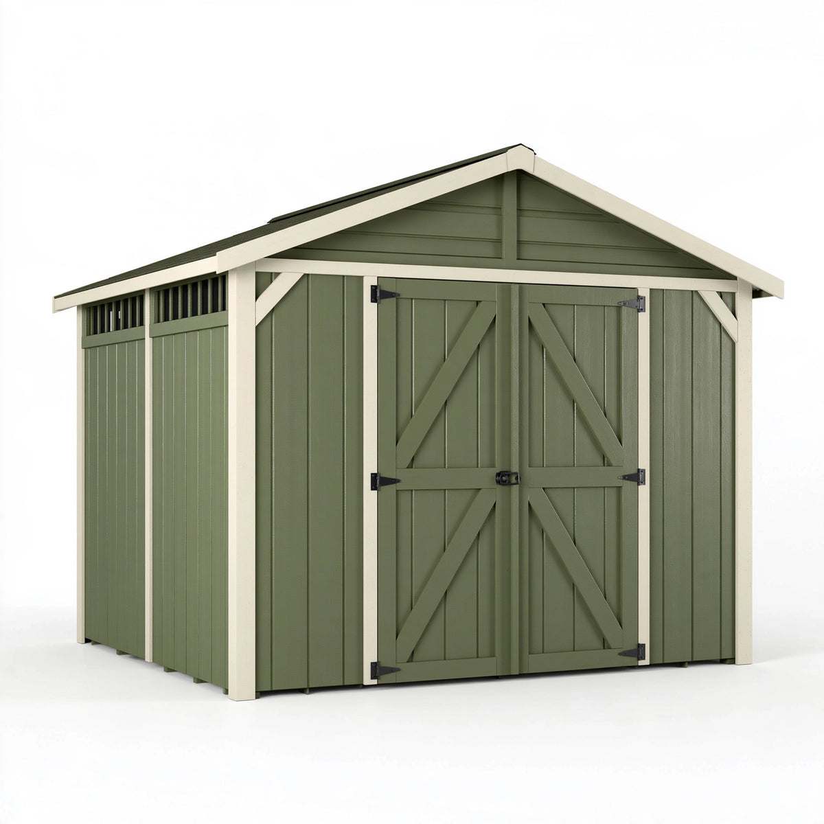 Abri de jardin 300 x 240 x 250 cm en bois vert sauge avec double porte style chalet