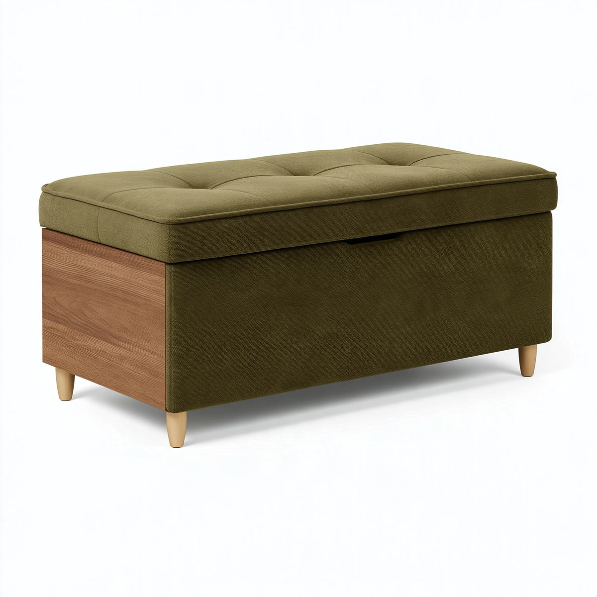 Banc coffre 120 x 45 x 45 cm en tissu vert kaki et bois style contemporain