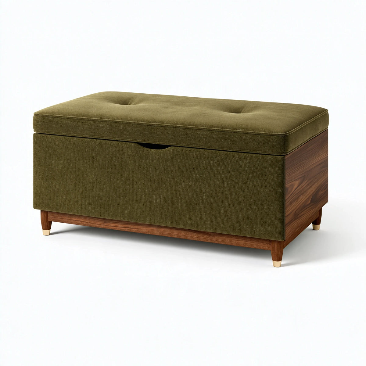 Banc coffre 100 x 60 x 45 cm en tissu vert olive et bois pour rangement style contemporain