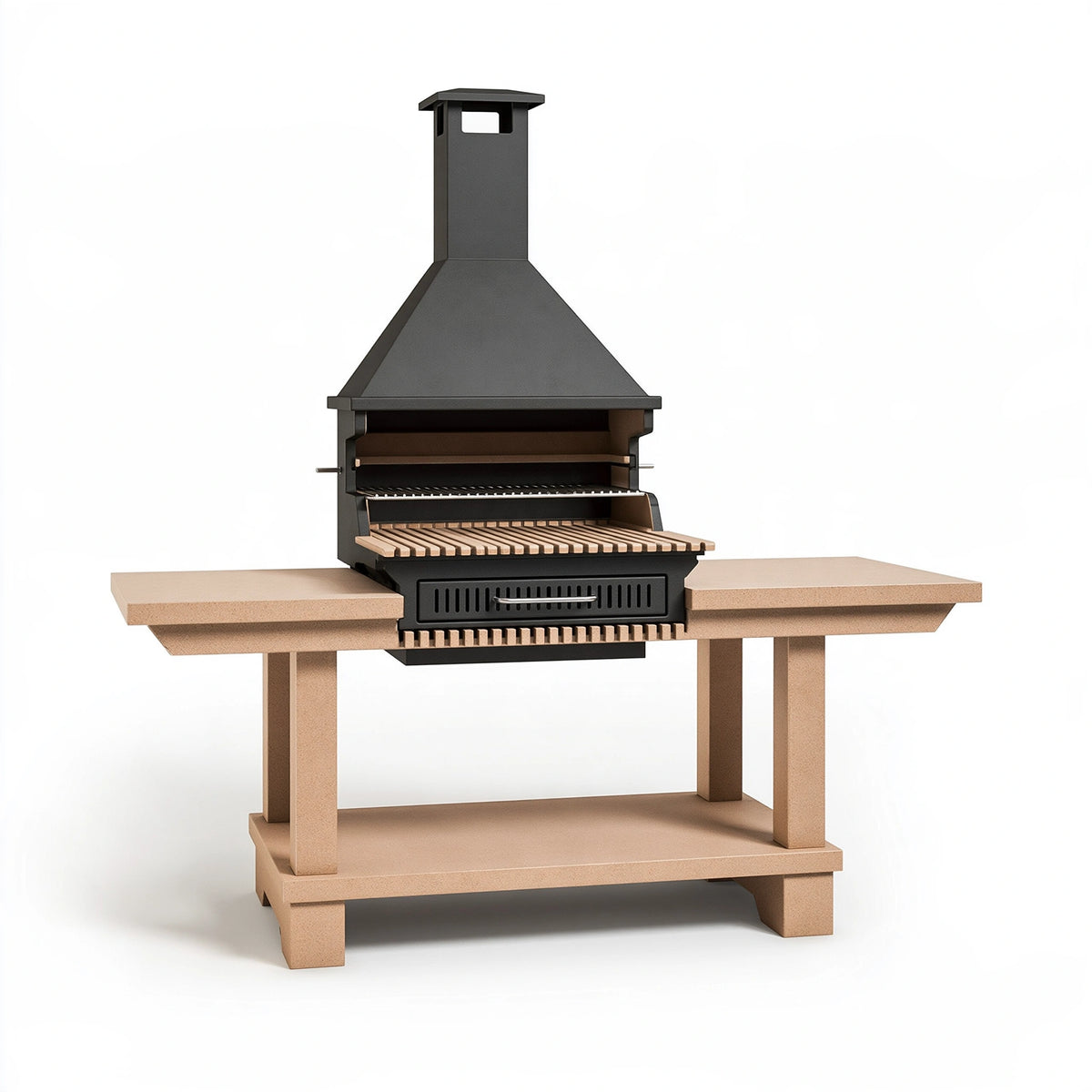 Barbecue de jardin 180 x 70 x 230 cm en acier noir et pierre beige avec cheminée et gril