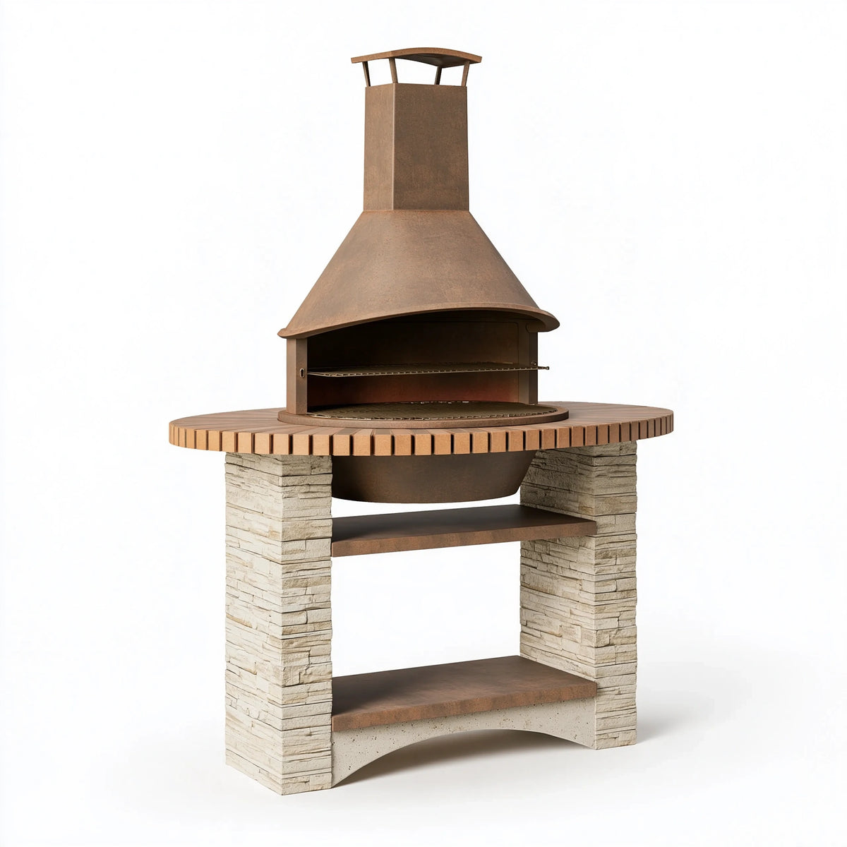 Barbecue de jardin 150 x 90 x 230 cm acier et pierre beige marron à hotte pour cuisson extérieure