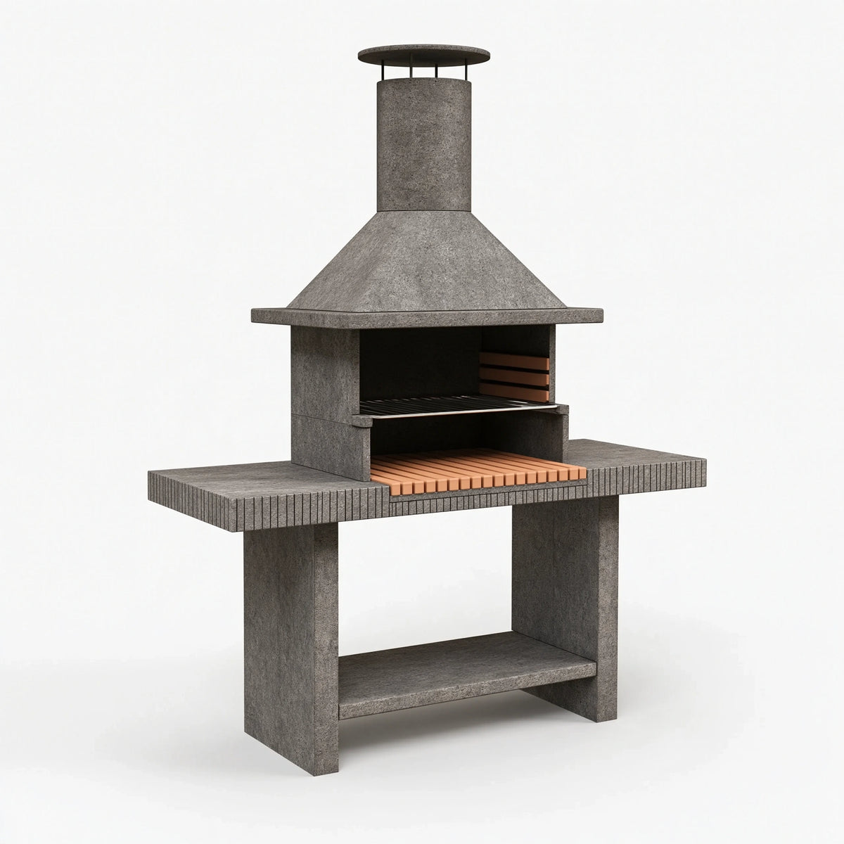 Barbecue extérieur 160 x 70 x 230 cm en pierre grise avec cheminée et grille de cuisson
