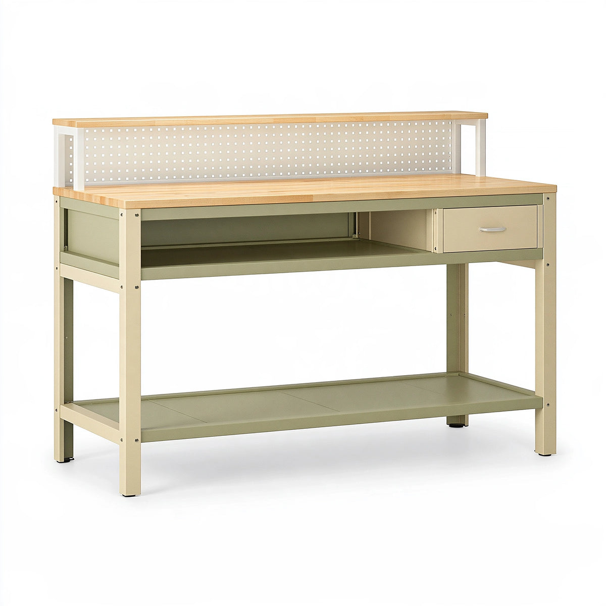 Établi d'atelier 120 x 60 x 150 cm en acier et bois beige vert avec panneau perforé et tiroir