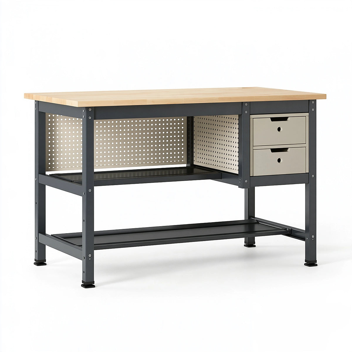 Établi 120 x 60 x 85 cm en bois et acier noir beige avec tiroirs style industriel