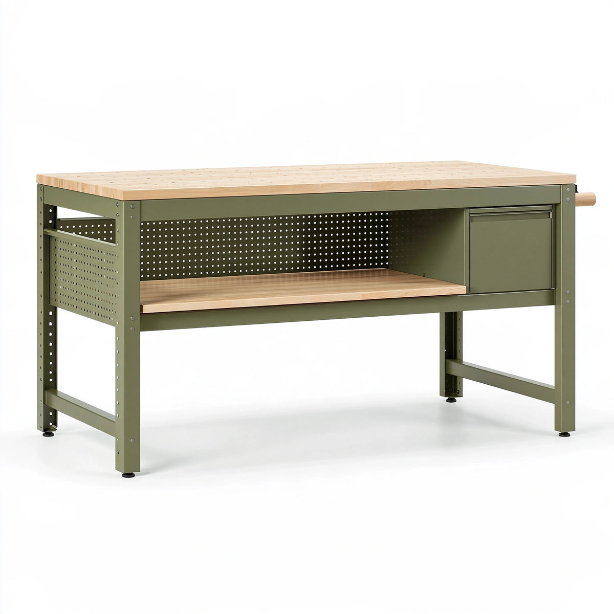 Établi 120 x 60 x 90 cm en acier et bois vert naturel avec rangement et manivelle