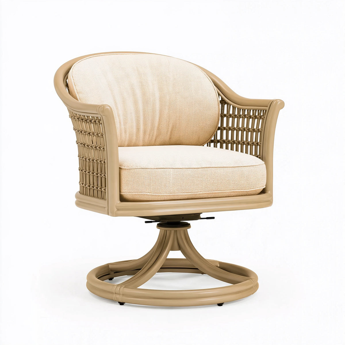 Fauteuil pivotant 75 x 75 x 91 cm beige en résine tressée avec assise en tissu style naturel