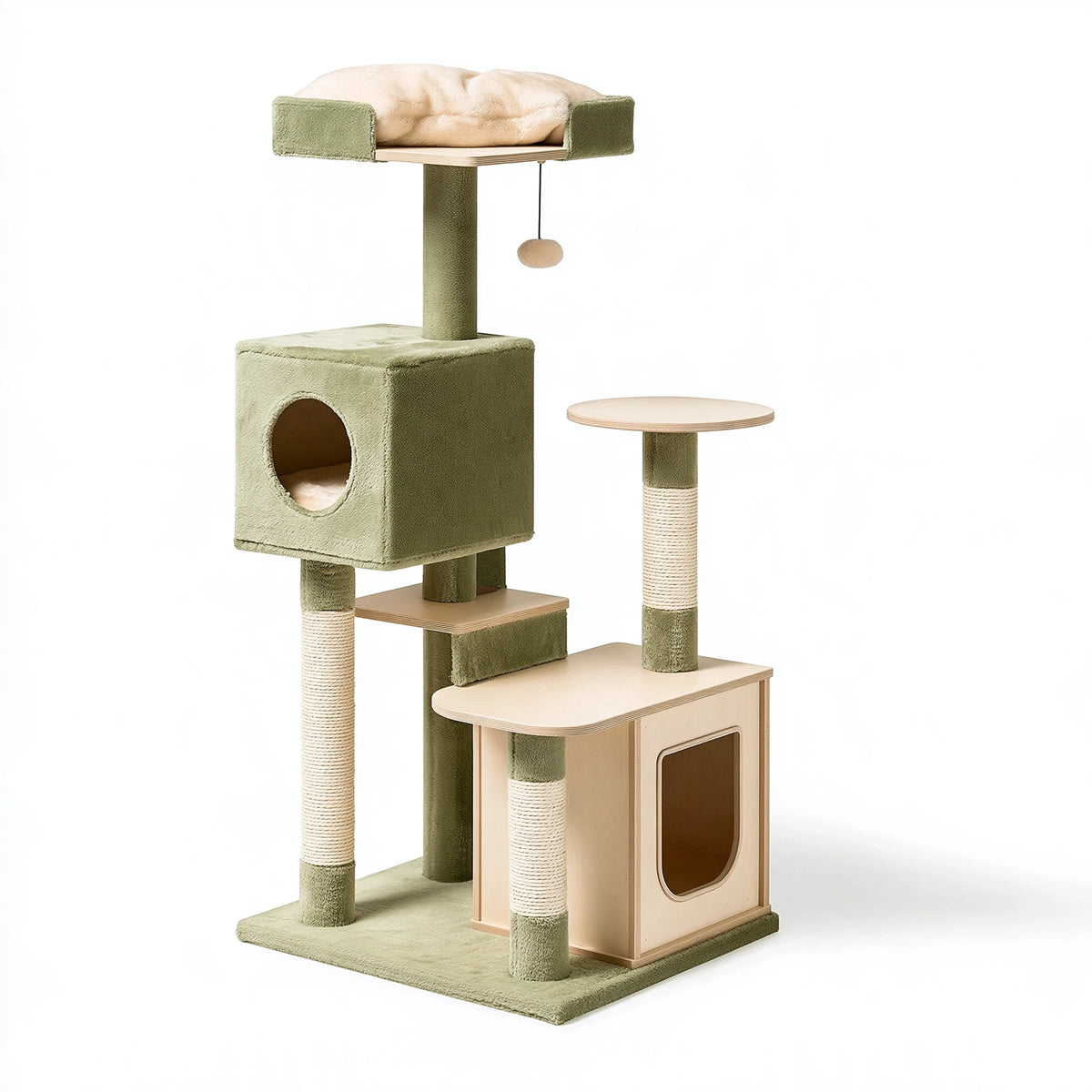 Arbre à chat 60 x 50 x 170 cm en bois et tissu vert beige avec griffoirs en sisal