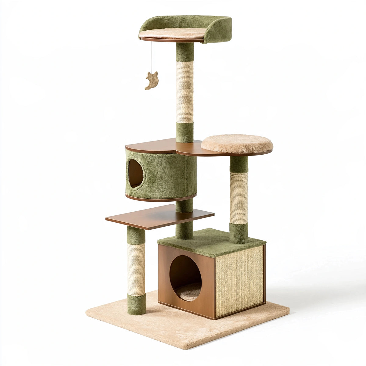 Arbre à chat 60 x 50 x 180 cm en bois textile vert et beige avec griffoirs et niches