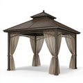 Pavillon de jardin 300 x 300 cm en métal brun avec rideaux style classique