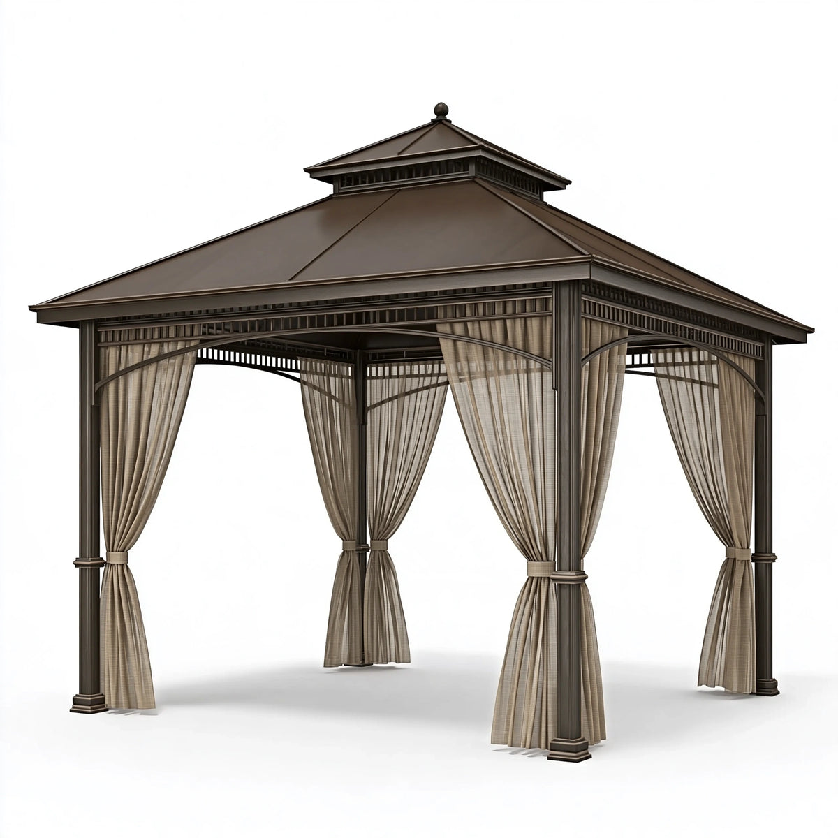 Pavillon de jardin 300 x 300 cm en métal brun avec rideaux style classique