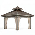 Tonnelle de jardin 400 x 400 x 330 cm en bois gris brun avec rideaux beiges style pavillon