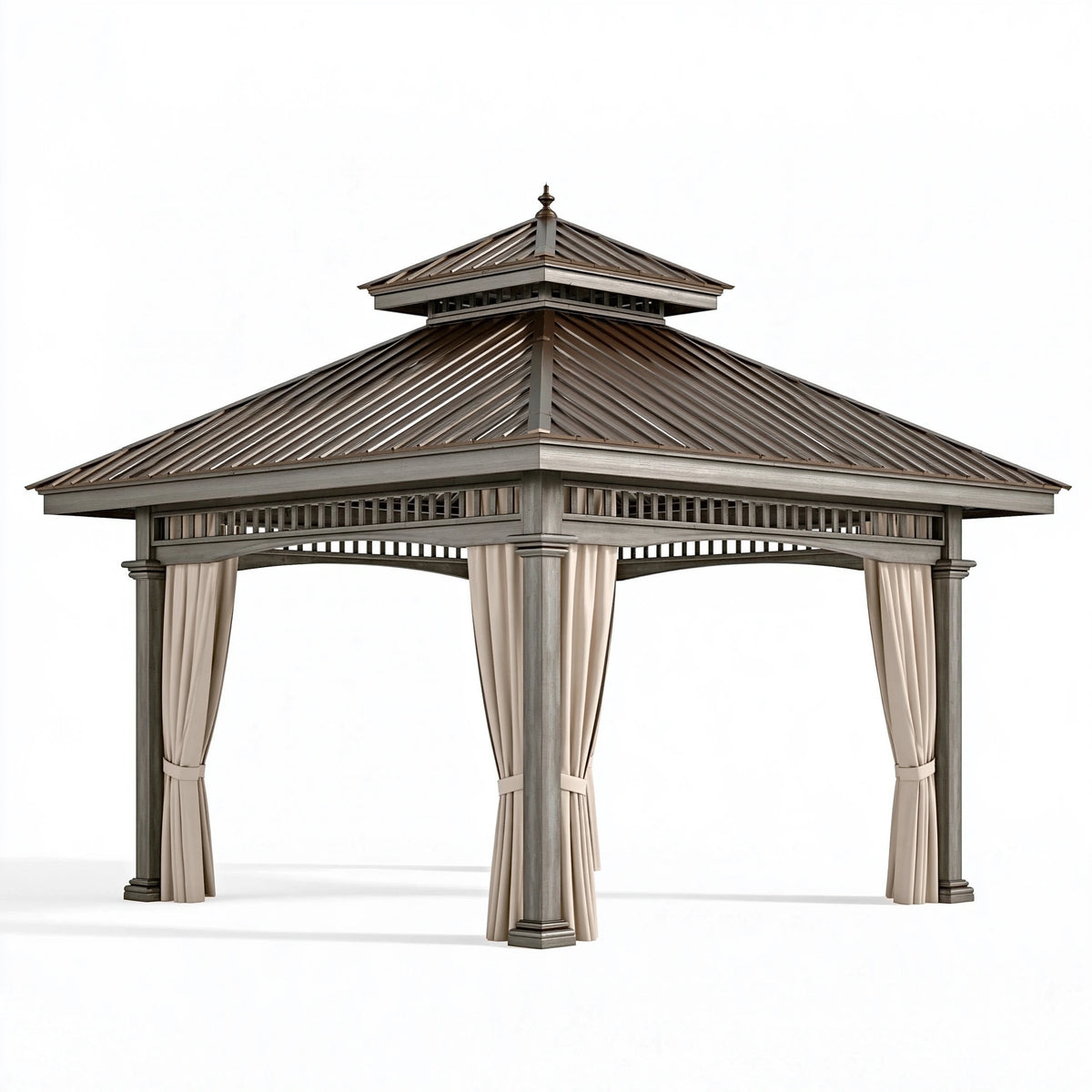 Tonnelle de jardin 400 x 400 x 330 cm en bois gris brun avec rideaux beiges style pavillon