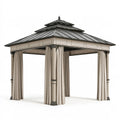Tonnelle de jardin 400 x 400 x 300 cm en métal beige et noir avec toit rigide et rideaux