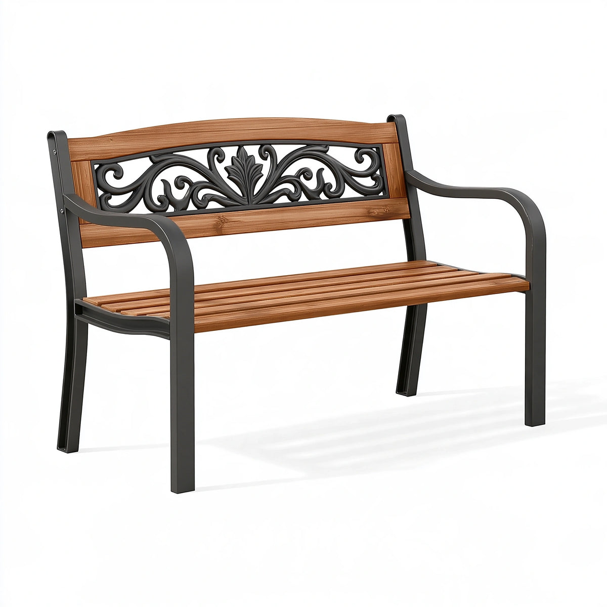 Banc de jardin 125 x 60 x 88 cm en bois et métal marron noir avec accoudoirs style classique